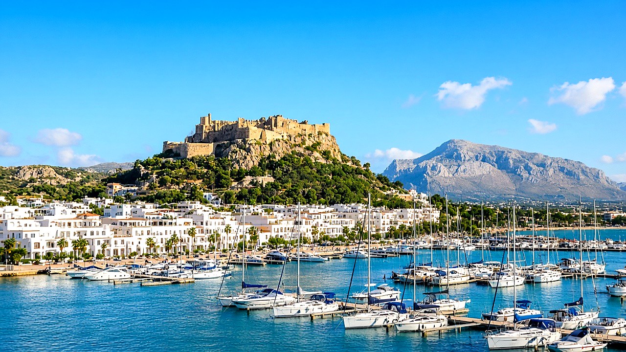 Port ensoleill&eacute;, ch&acirc;teau et mer turquoise &agrave; D&eacute;nia
